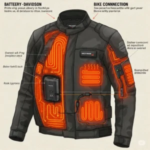 Illustration showing how a Harley-Davidson heated jacket is powered, either by battery or bike connection.