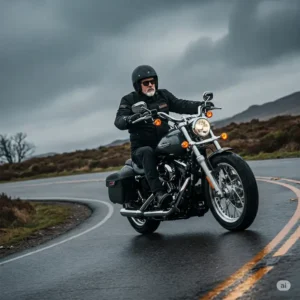 Motorcycle rider comfortably navigating a chilly road wearing a Harley-Davidson heated jacket.