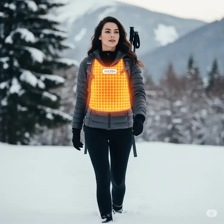 Person staying warm and comfortable with a Voltex heating vest, ideal for outdoor activities in cold weather.