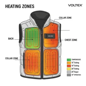 Diagram illustrating the optimized heating zones of the Voltex heating vest for targeted warmth.