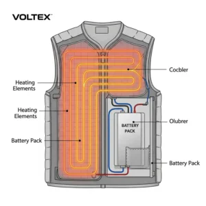 Advanced heating technology and integrated battery pack powering the Voltex heating vest.