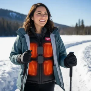 Energetic woman enjoying a winter hike, wearing a women's Milwaukee heated vest under her jacket, illustrating its suitability for outdoor activities and layering.