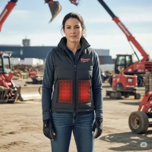 Woman professional on a construction site, comfortably wearing a women's Milwaukee heated vest, highlighting its practical application for warmth in demanding work environments.