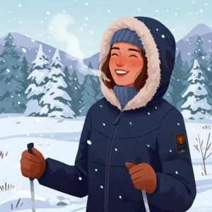  Illustration of a woman comfortably enjoying outdoor activities while wearing her women's heated jacket.