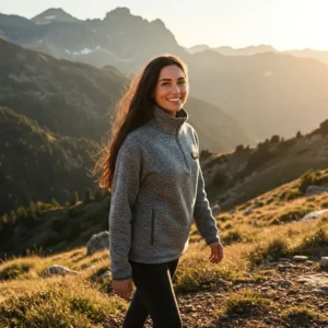 A woman enjoying a hike while wearing a comfortable and warm women's heated fleece jacket.
