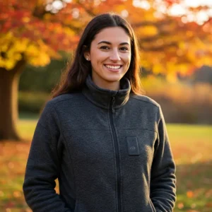 A smiling woman comfortably wearing a warm women's heated fleece jacket outdoors in cool weather.