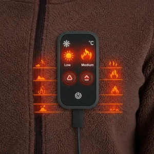 Illustration showing the different temperature settings available on a women's heated fleece jacket control panel.