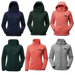 A showcase of various style options for a women's heated fleece jacket, including different colors and features.
