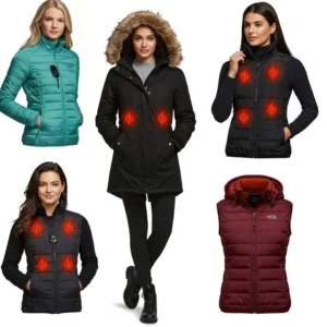  A variety of women's heated jacket styles, including lightweight, parka, and vest options.