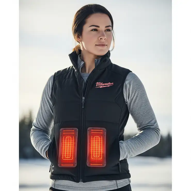 Woman confidently wearing a Milwaukee heated vest over a long-sleeved shirt, demonstrating its slim fit and integrated heating technology for optimal warmth and comfort in cold weather.
