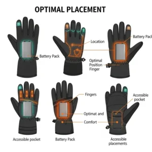 Visual guide showing optimal battery pack placement for heat inserts in gloves, ensuring comfort and easy accessibility