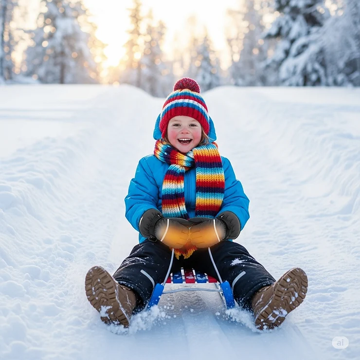 Child enjoying a sled ride down a hill, hands cozy and warm inside durable kids heated gloves.