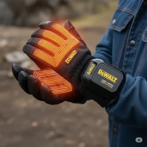 Dewalt heated gloves with the compact battery pack visible, illustrating the long-lasting power source for extended use in cold conditions.