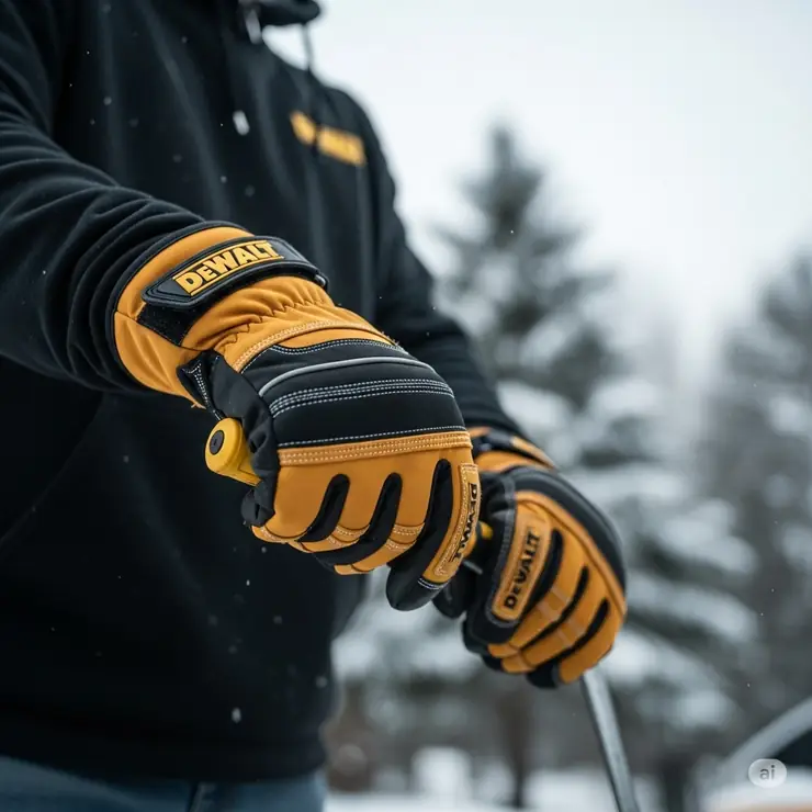 Close-up of a worker wearing Dewalt heated gloves, showcasing the durable design and warmth for outdoor tasks in cold weather.