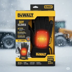 Retail packaging of Dewalt heated gloves, showing the product as it would appear for purchase, ready to provide warmth.