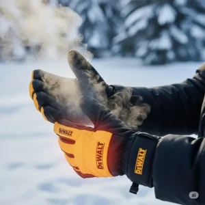 Dewalt heated gloves keeping hands warm in a snowy outdoor environment, emphasizing their effectiveness for winter activities.
