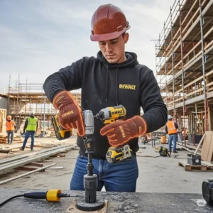 Person wearing Dewalt heated gloves while working on a construction site, demonstrating their practical application in a professional setting.
