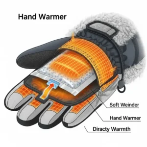 Detailed cross-section illustration of a glove demonstrating how a hand warmer sits comfortably inside, providing direct warmth to the hand.