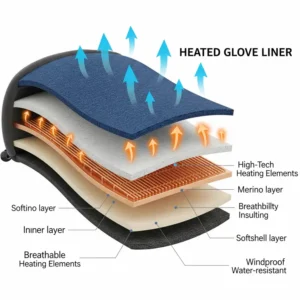 A cross-section illustration of a heated glove liner, detailing the breathable and insulating material layers that contribute to the comfort and effectiveness of the best heated glove liners.
