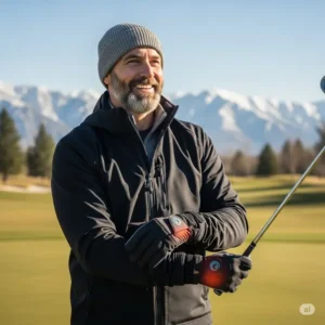 A smiling golfer enjoying a round in chilly weather, protected and comfortable with heated golf gloves.