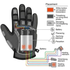 Diagram illustrating the optimal placement and wiring of the battery within heated gloves for efficient heat distribution.