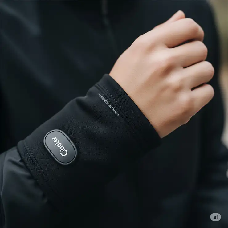 Close-up of a person wearing black heated glove liners, showcasing their sleek design and comfortable fit, perfect for winter outdoor activities.