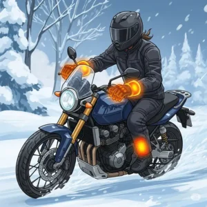 Illustration of a motorcyclist on a cold-weather ride, demonstrating the use of heated glove liners for improved comfort and grip.

