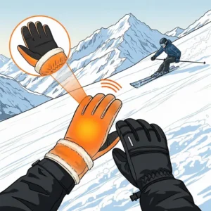 An illustration of a skier on a snowy mountain, emphasizing how heated glove liners provide essential warmth under ski gloves.