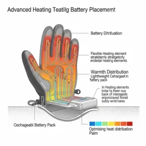 Diagram illustrating the advanced heating technology and battery placement within a heated glove liner, highlighting warmth distribution.
