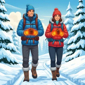 An illustration of hikers enjoying a winter trail, showcasing how heated glove liners keep hands warm and comfortable during cold outdoor adventures.
