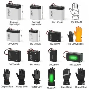 Various types and sizes of batteries suitable for different models of heated gloves.
