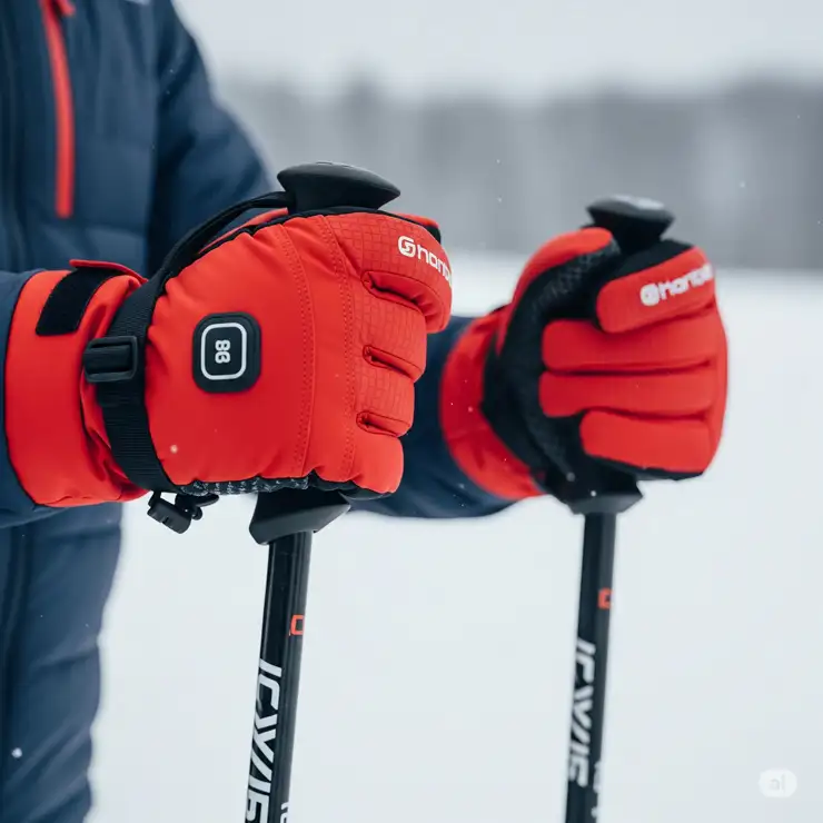 Hands encased in heated ski gloves firmly gripping ski poles, emphasizing dexterity and warmth.