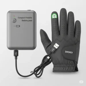 Illustration of a compact battery pack and USB charging cable for rechargeable heated golf gloves.