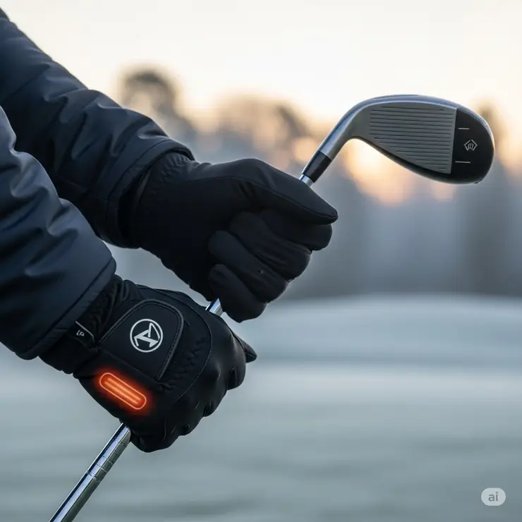 Close-up of a golfer wearing black heated golf gloves, gripping a golf club on a frosty morning, highlighting warmth and comfort.
