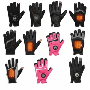 Collection of various styles and colors of heated golf gloves, including fingerless and full-finger options.