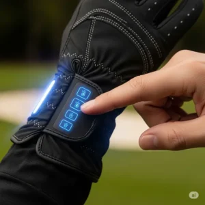 Person’s hand adjusting the temperature settings on a heated golf glove, showing customizable warmth levels.