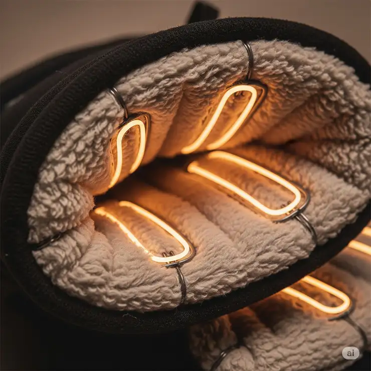 Close-up of heated mitt liners, showcasing the soft fabric and visible heating elements, ideal for cold weather activities.