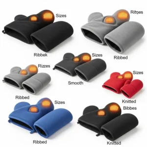 Assortment of heated mitt liners displayed, highlighting various sizes and styles suitable for different hand sizes.