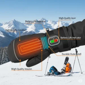 Diagram illustrating a battery life indicator on the wrist of a heated ski mitten, emphasizing long-lasting warmth for extended outdoor activities.