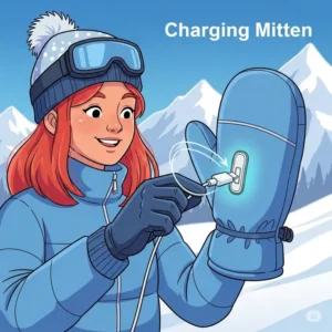 Illustration showing a person plugging a charging cable into the discreet charging port of a heated ski mitten, highlighting ease of use.