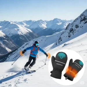 Outdoor scene depicting a skier enjoying a snowy landscape while wearing heated ski mittens, signifying ultimate protection against extreme cold.