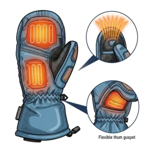 Stylized drawing of a heated ski mitten highlighting its ergonomic design and flexible thumb, providing excellent grip and dexterity.