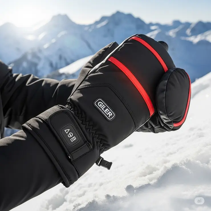 Close-up of a person wearing black heated ski mittens with red accents, demonstrating their warmth and comfort on a snowy mountain.