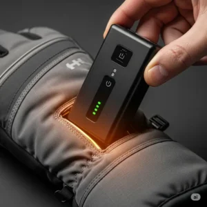 Detail shot of a compact battery pack being inserted into a compartment of heated snowmobile gloves, highlighting the power source.