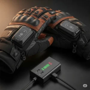 A pair of heated snowmobile gloves connected to a dual-port charger, indicating the charging process for their integrated batteries.