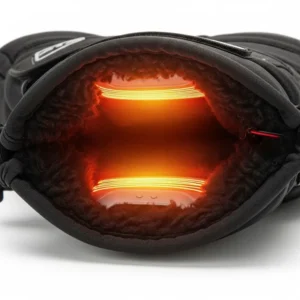An interior view of a heated snowmobile glove, revealing the soft, thermal lining and heating elements for comfort and warmth.