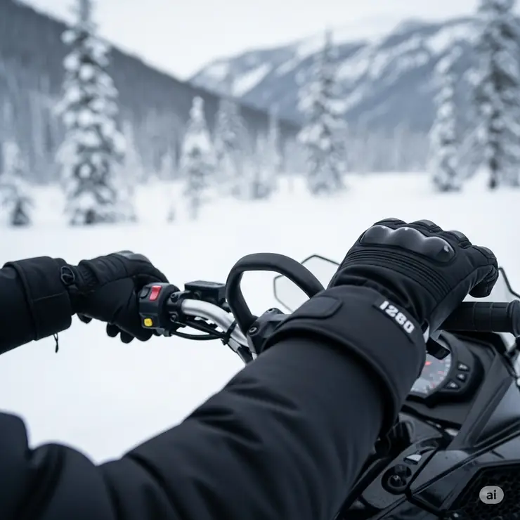 A close-up of a person's hands wearing black heated snowmobile gloves, actively gripping handlebars, with snow and a blurred winter landscape in the background.