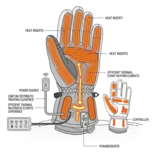 Diagram illustrating how heat inserts for gloves function, showing power source connection and even heat distribution across the hand