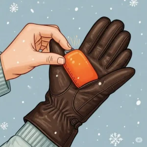 Illustration of a person carefully inserting a hand warmer into the palm area of a glove before putting it on.