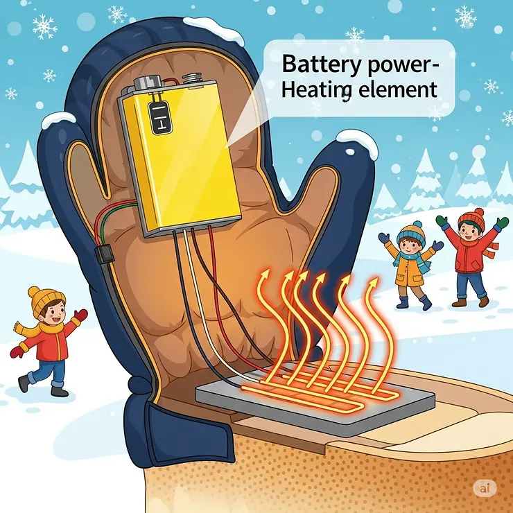 Illustration of a small battery pack and heating element, demonstrating how kids heated gloves provide warmth.